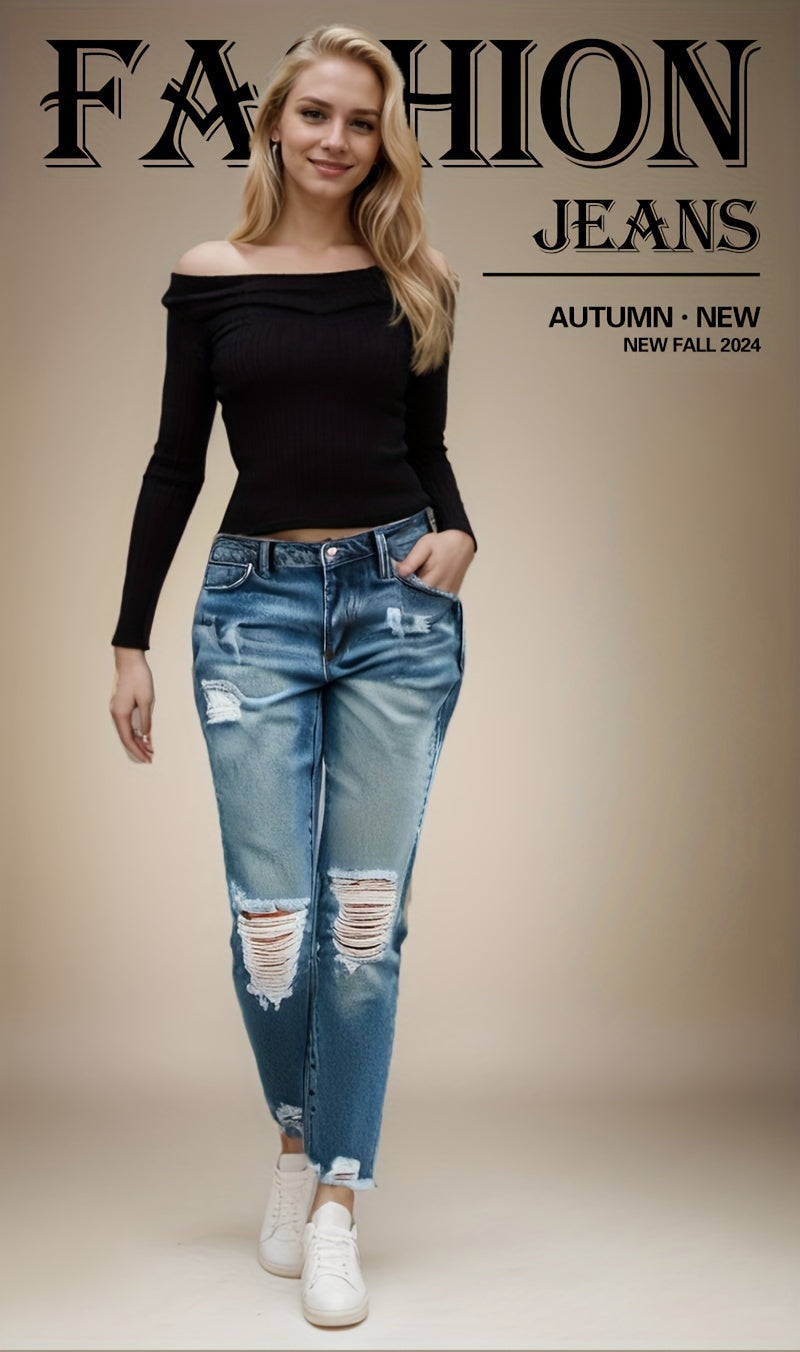 Comfortable Ripped Distressed Stretchy Boyfriend Jeans for Women