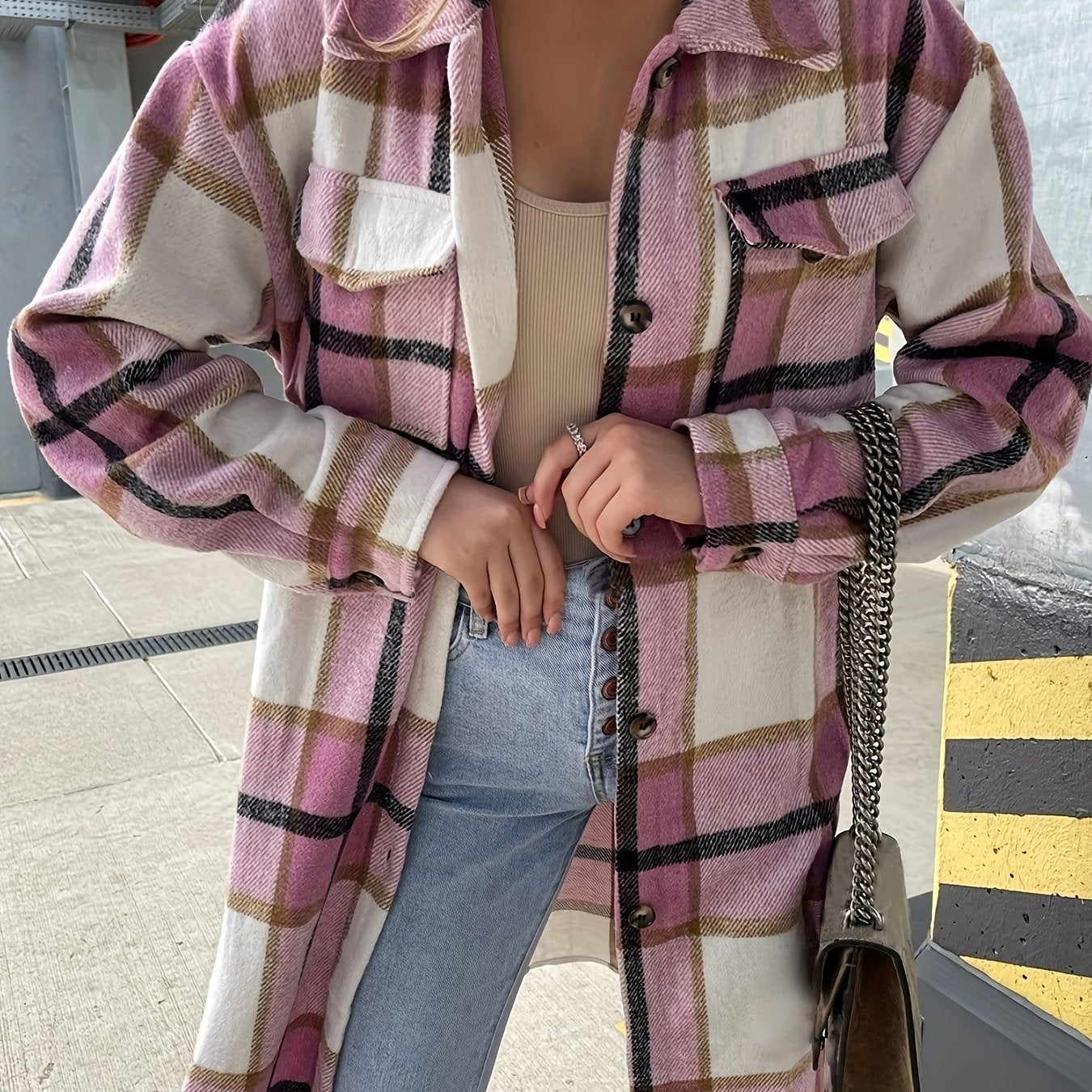 Stylish Plaid Print Womens Long Jacket - Relaxed Casual Button Front with Flap PocketsSl