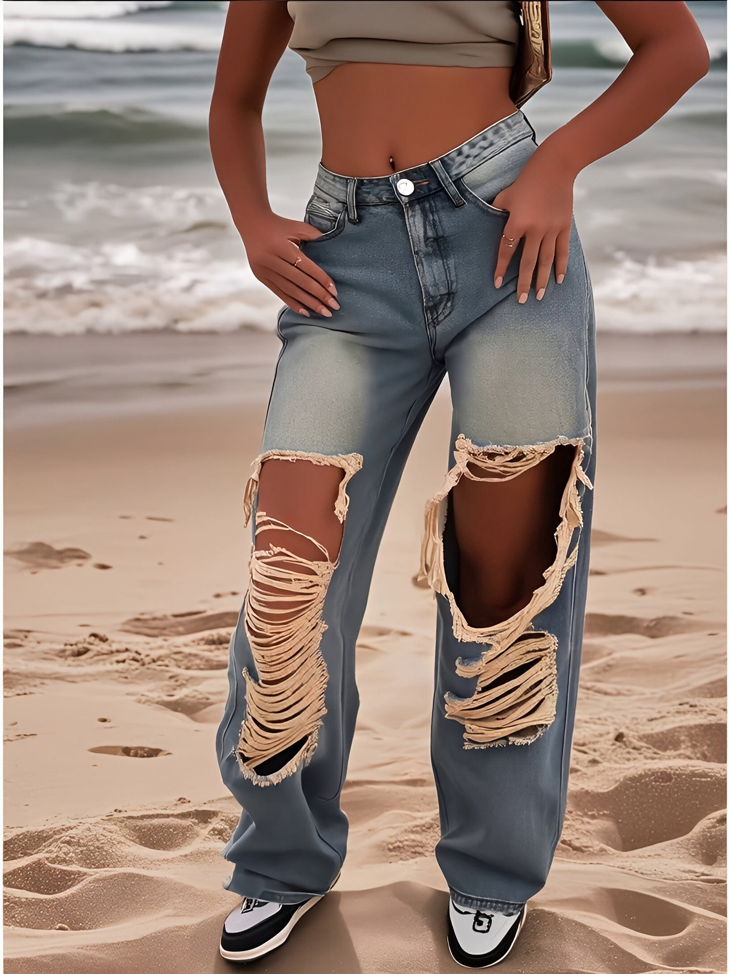 Women's Street Style High-Waisted Ripped Jeans Jeans