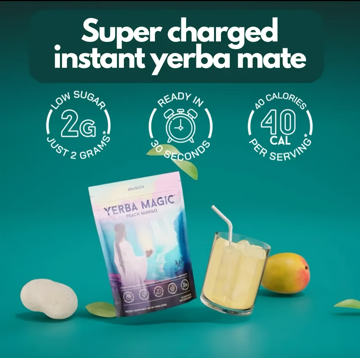 Yerba Magic Peach Mango 3-in-1 Yerba Mate Instant Tea Powder - Clean Energy, Brain Fog Buster - Gut Health Support with Nootropics, Prebiotics & Probiotics
