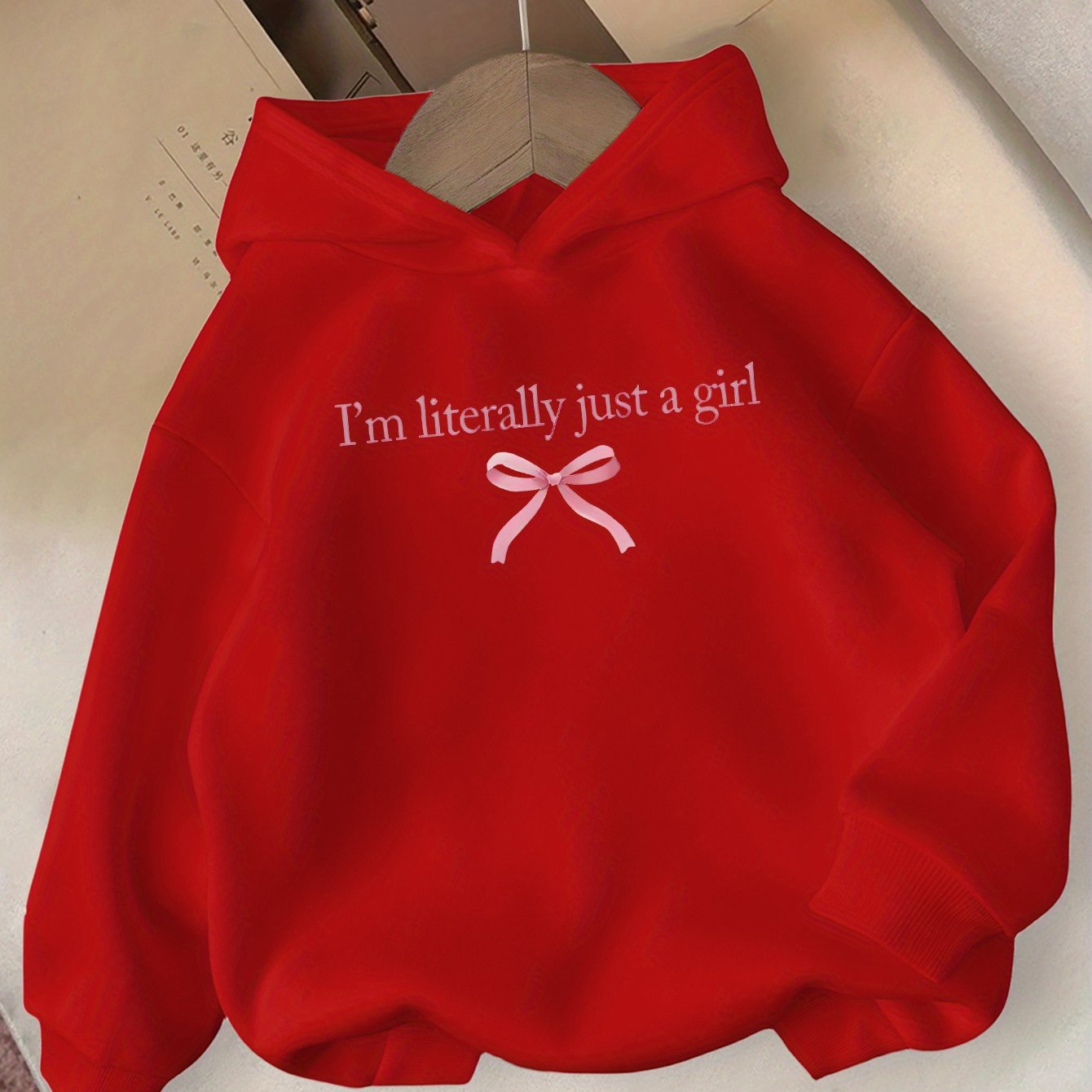 Girls' Autumn/Winter Hooded Sweatshirt with "I'm Literally Just a Girl" Print & Pink Bow