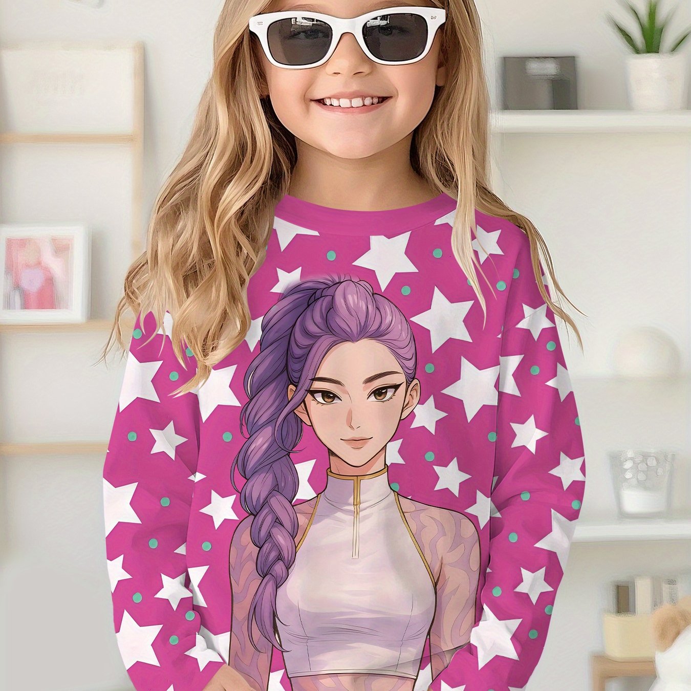 Girls' Purple Braided Hair & Star Print Long Sleeve T-Shirt