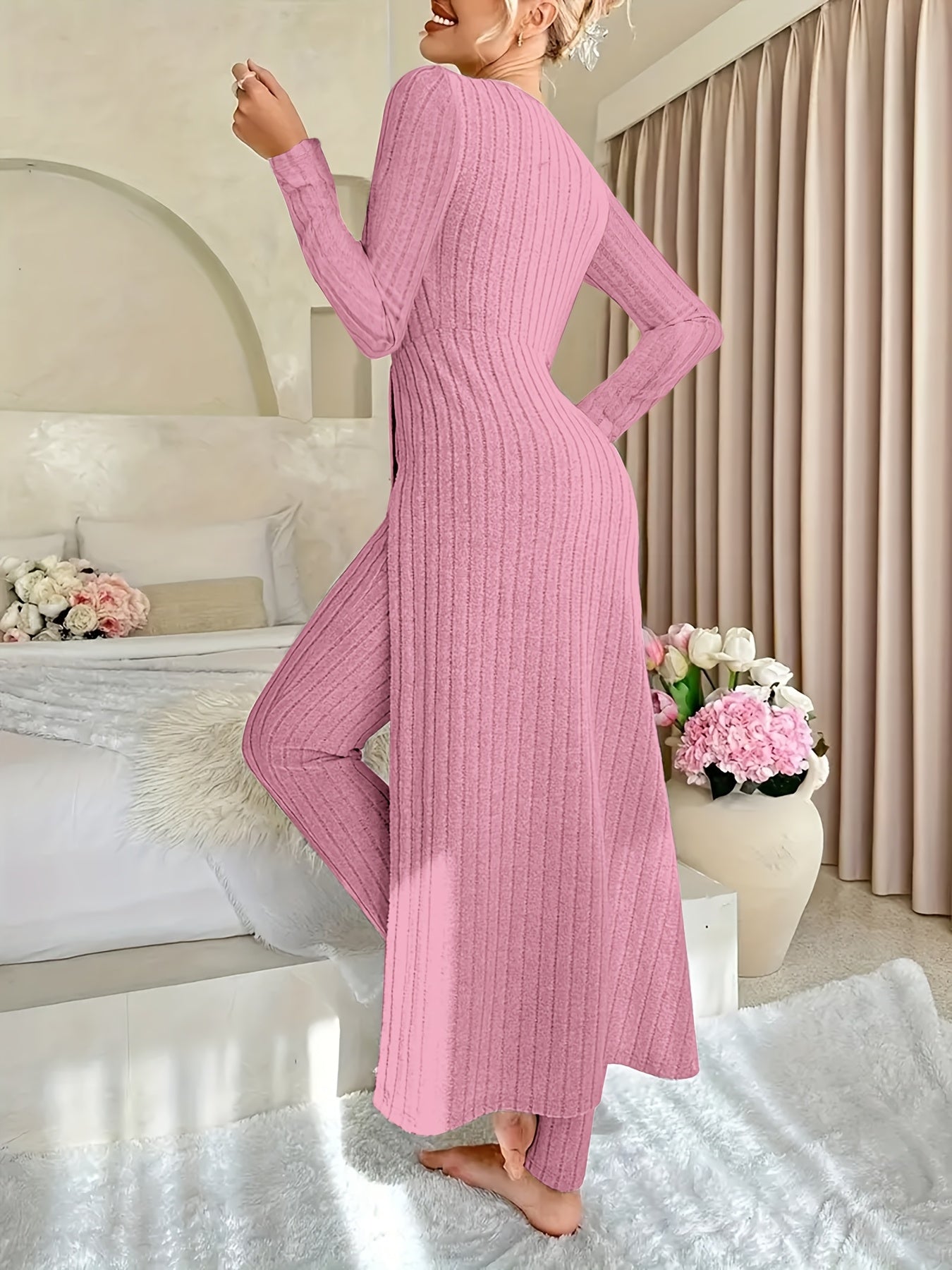 Ribbed Two-Piece Long-Sleeved Top and Pants Set
