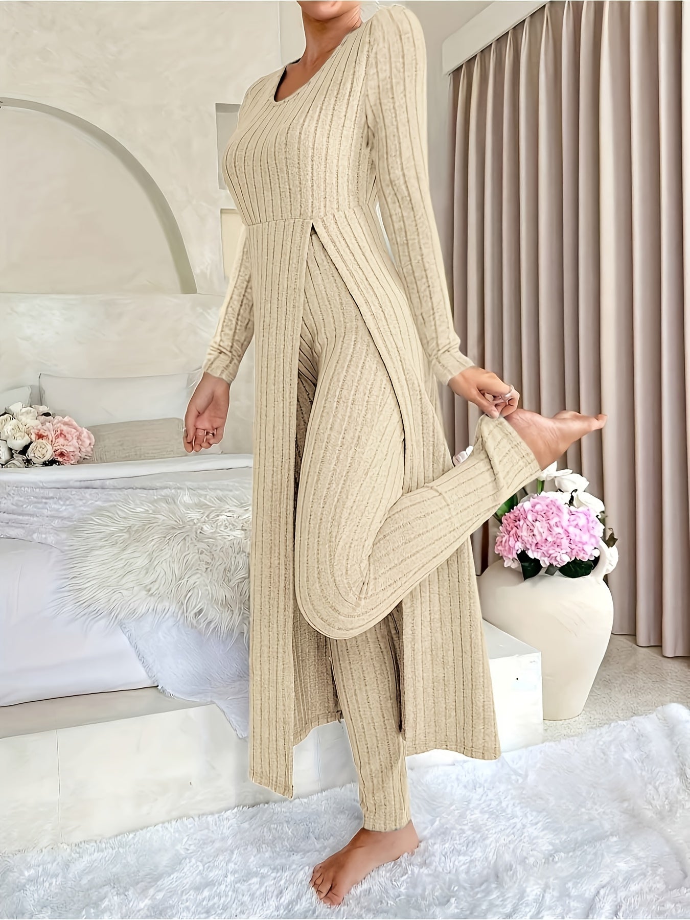 Ribbed Two-Piece Long-Sleeved Top and Pants Set