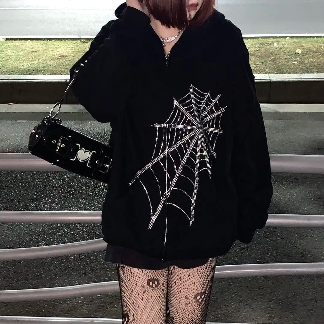 Y2K Grunge Punk Butterfly Print Oversize Zip Up Hoodies