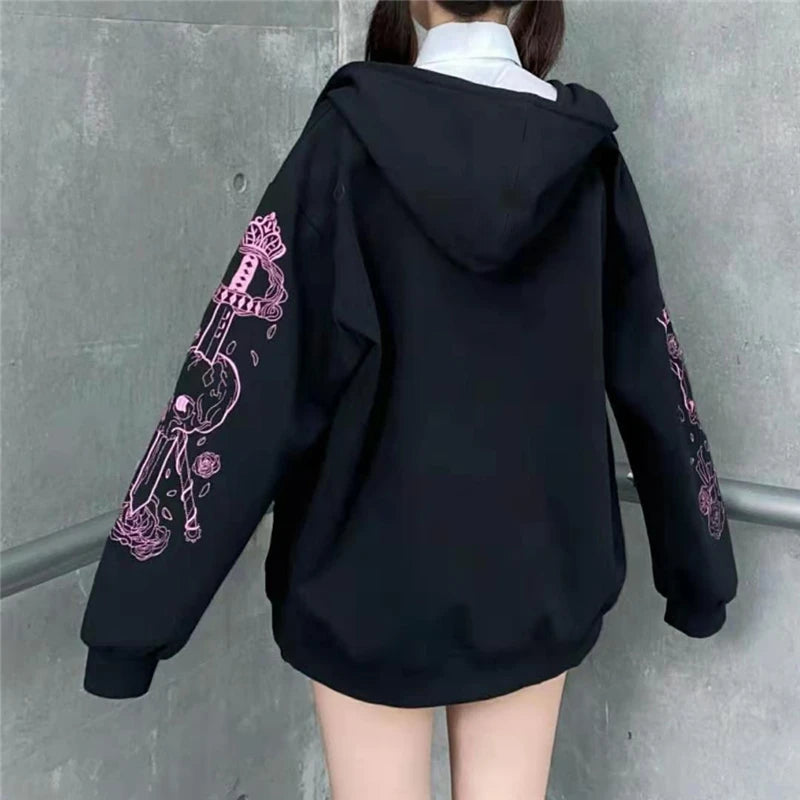 Y2K Grunge Punk Butterfly Print Oversize Zip Up Hoodies