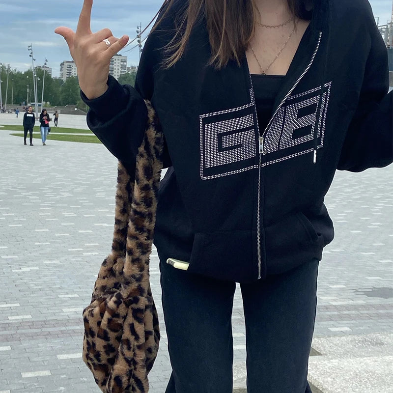 Y2K Grunge Punk Butterfly Print Oversize Zip Up Hoodies