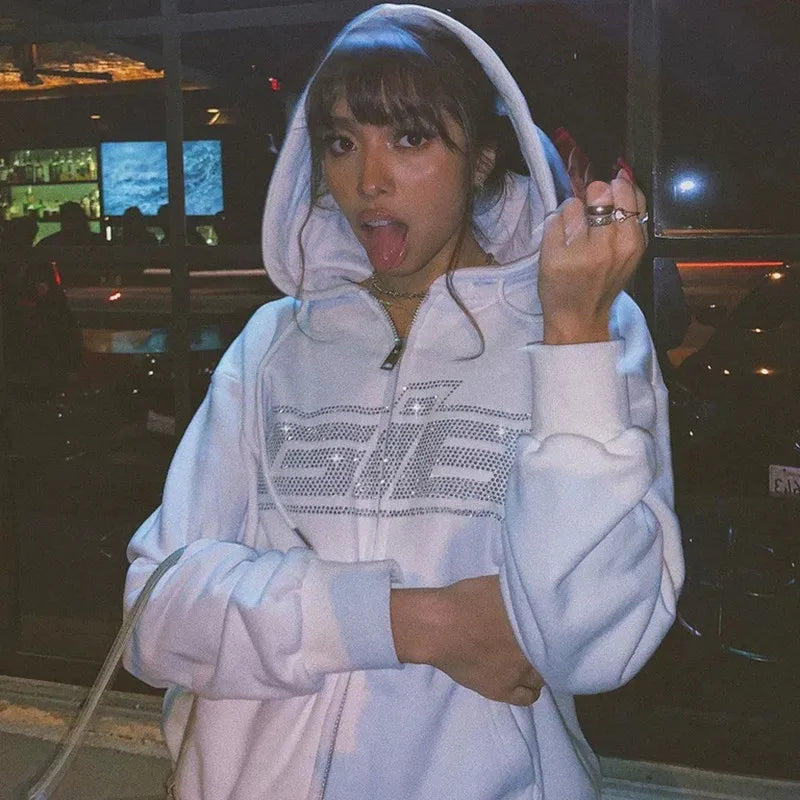 Y2K Grunge Punk Butterfly Print Oversize Zip Up Hoodies