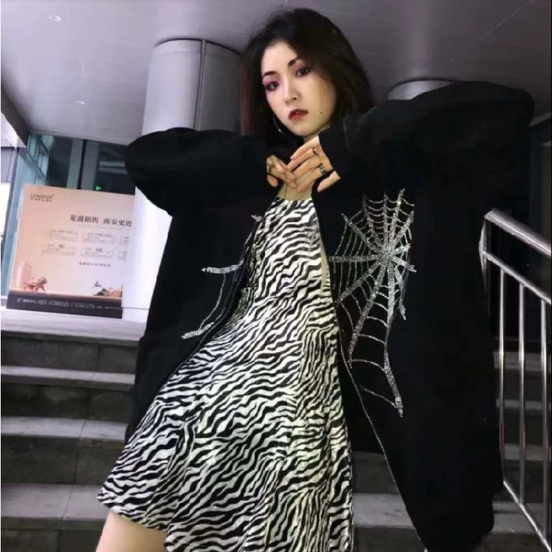 Y2K Grunge Punk Butterfly Print Oversize Zip Up Hoodies
