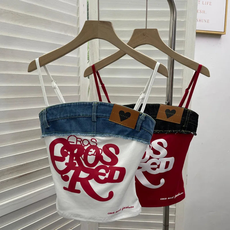 Women's Raw-edge Denim Stitching Spaghetti Strap Camisole Top