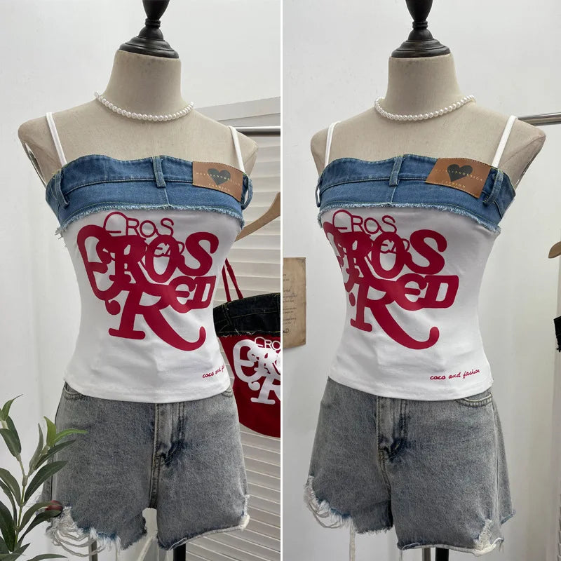 Women's Raw-edge Denim Stitching Spaghetti Strap Camisole Top