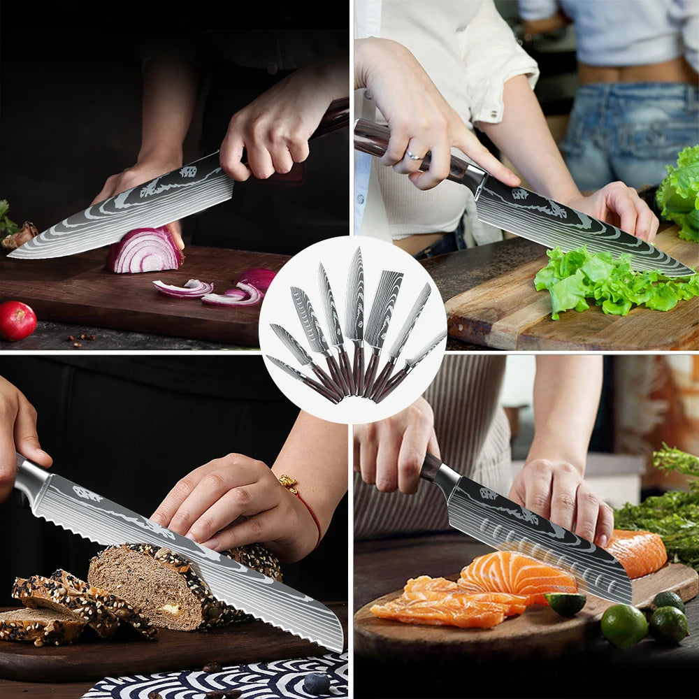 7CR17 8PCS Stainless Steel Sharp Damascus Pattern Sharp Chef Knives Set