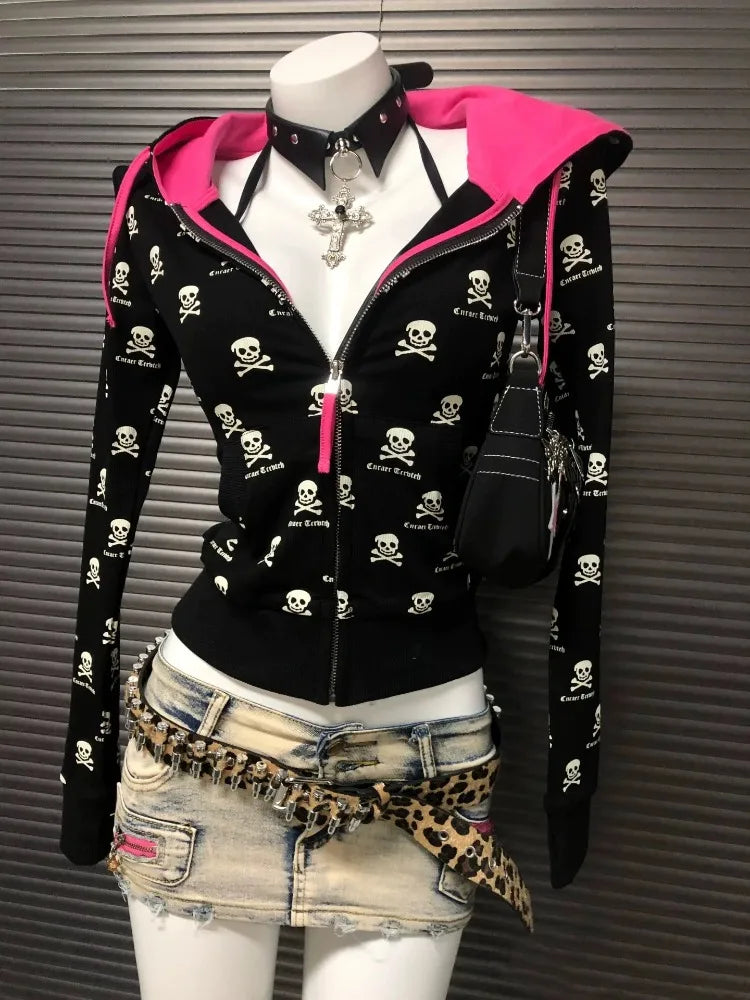 2000s Y2k Gothic Punk Skeleton Print Cardigan Contrast Hooded Jacket