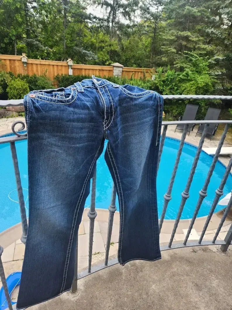 Retro Pocket Embroidery Blue Baggy Jeans