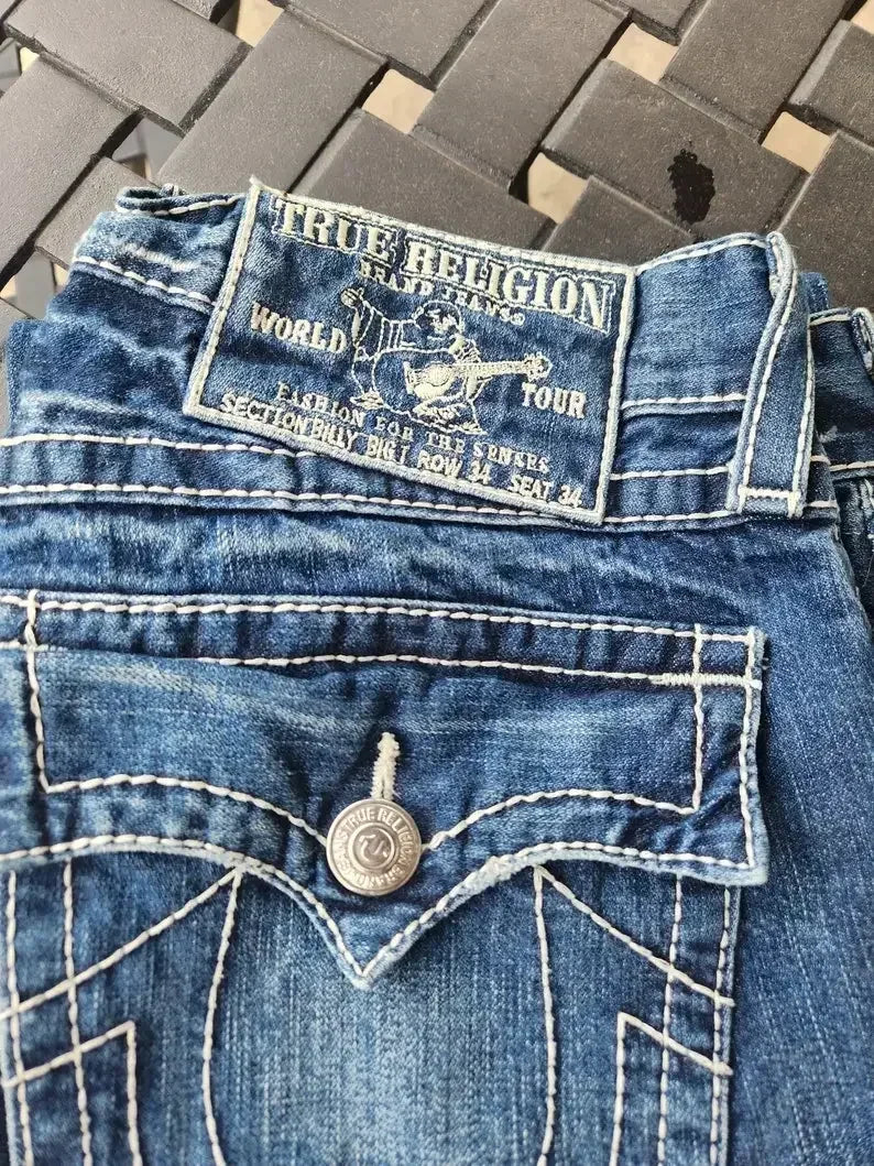 Retro Pocket Embroidery Blue Baggy Jeans