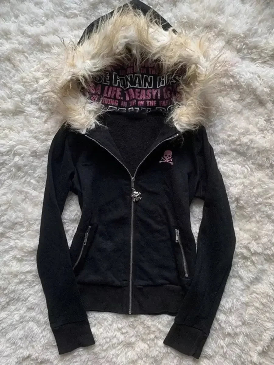 Y2K Black Fur Collar Zipper Sweatshirt Hoodie