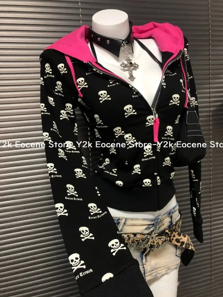 2000s Y2k Gothic Punk Skeleton Print Cardigan Contrast Hooded Sweatshirt
