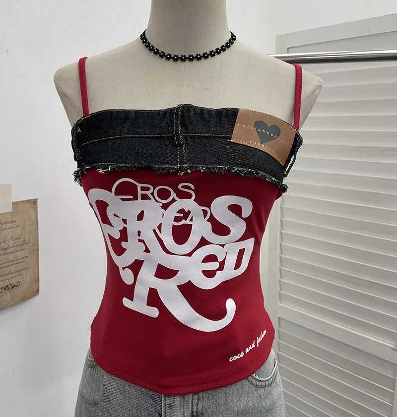 Women's Raw-edge Denim Stitching Spaghetti Strap Camisole Top