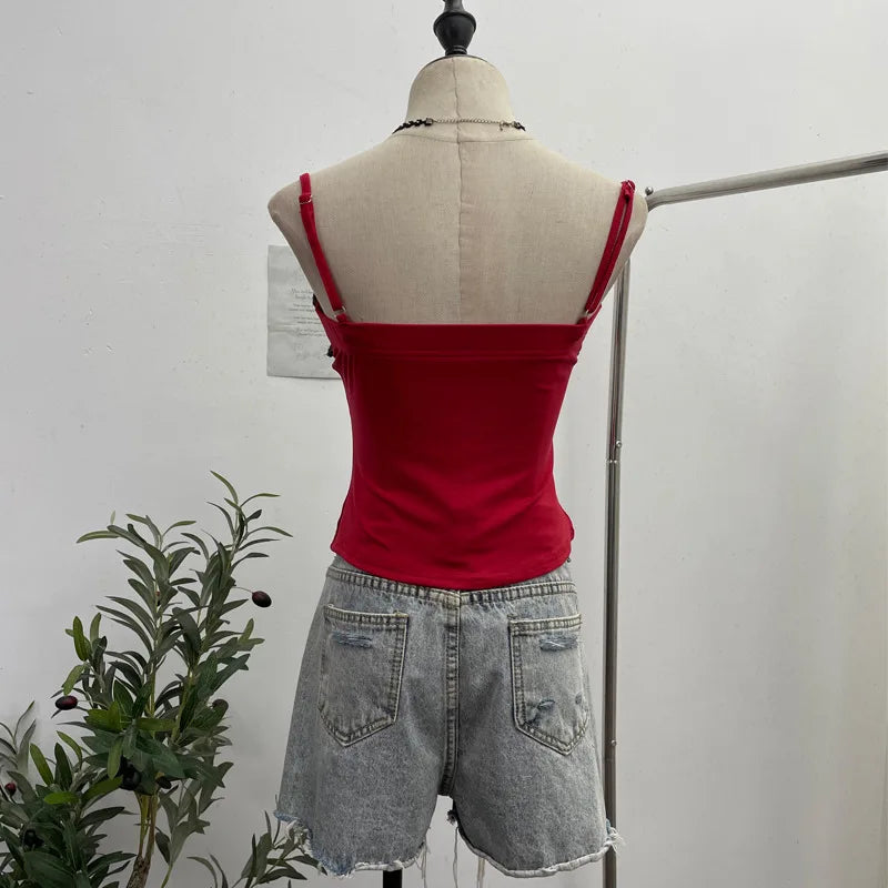 Women's Raw-edge Denim Stitching Spaghetti Strap Camisole Top