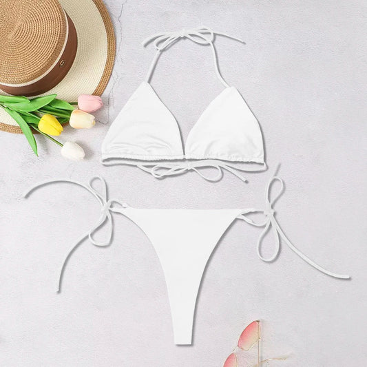Women's Solid-Color Halter Three-point Backless Adjustable Bikini
