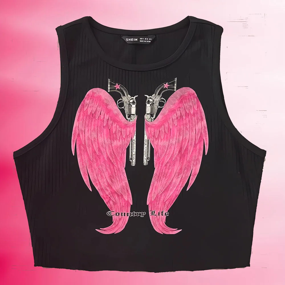Y2k Style Tank Top Emo Girl Vintage Crop Top Aesthetic 2000s Top Punk Print Sleeveless Sexy Vest Streetwear Clothes Female Women