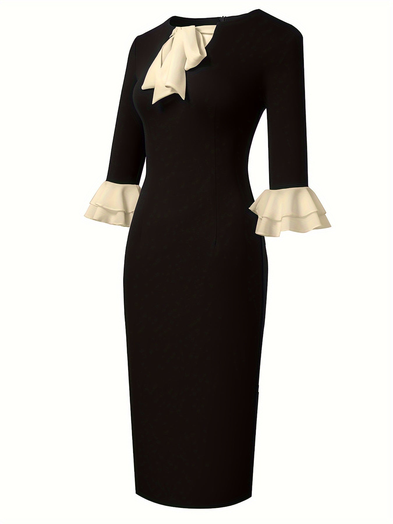 Elegant Contrast Trim Tie Neck Bodycon Dress