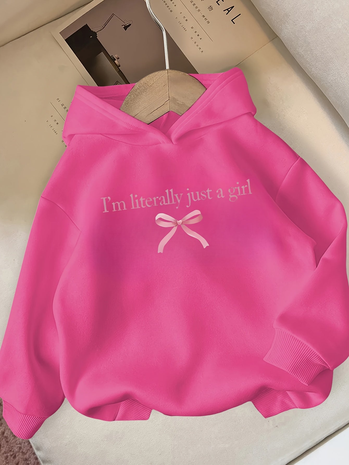 Girls' Autumn/Winter Hooded Sweatshirt with "I'm Literally Just a Girl" Print & Pink Bow