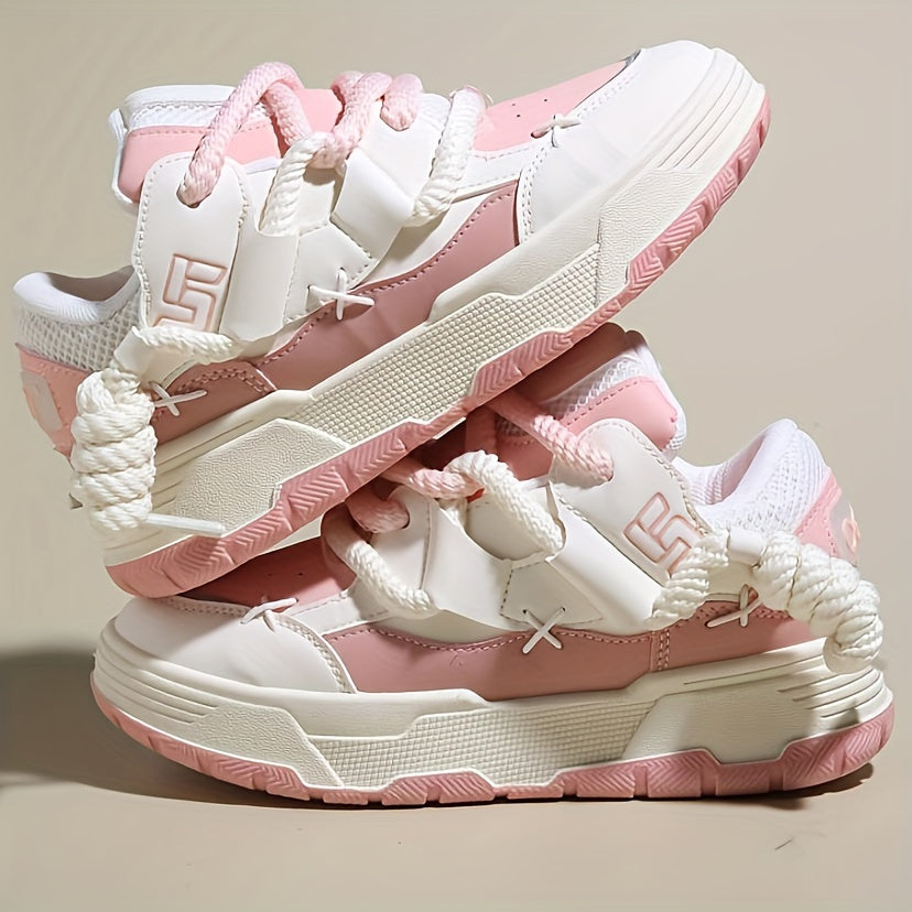 Cute Women's Chunky Pink Lace-Up Sneakers