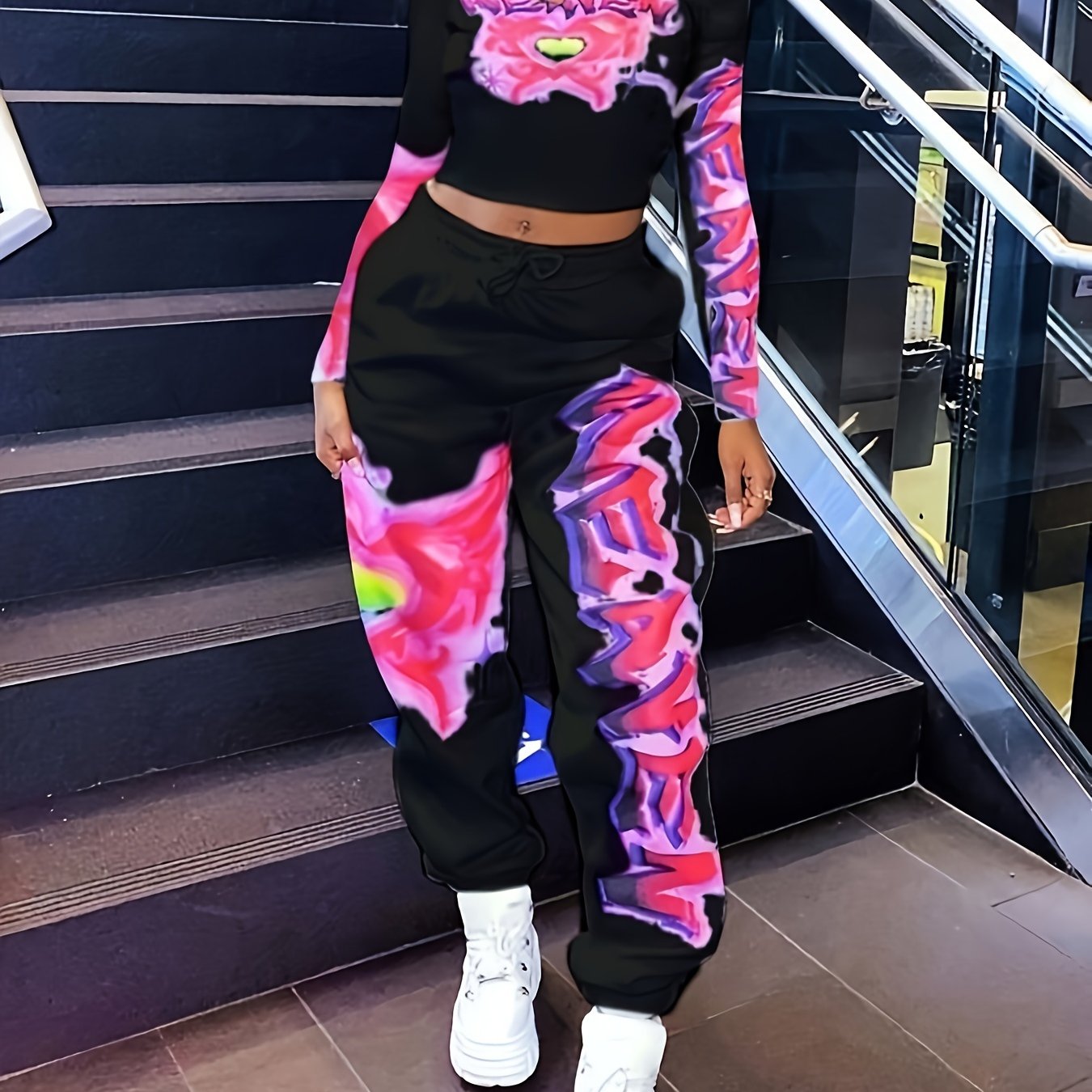 Women's Heart and Letter Print Long Sleeve Top and Waist Pants Set with Pockets