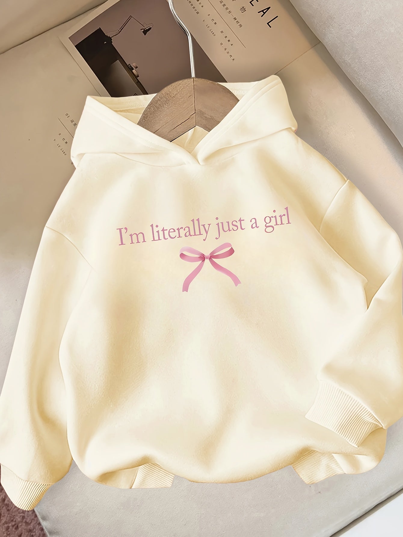 Girls' Autumn/Winter Hooded Sweatshirt with "I'm Literally Just a Girl" Print & Pink Bow