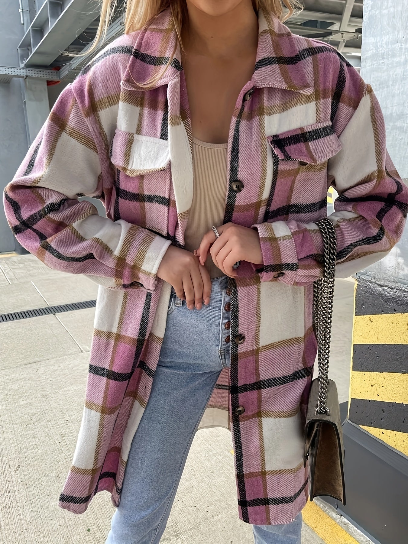 Stylish Plaid Print Womens Long Jacket - Relaxed Casual Button Front with Flap PocketsSl