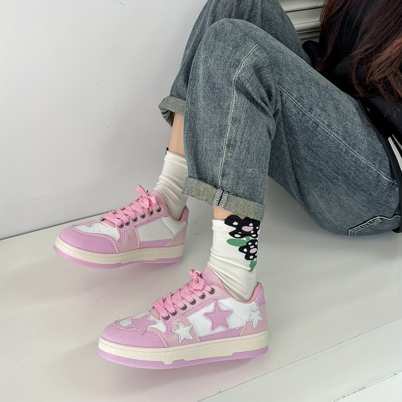 Women's Pink Star-Patterned High-Top Sneakers