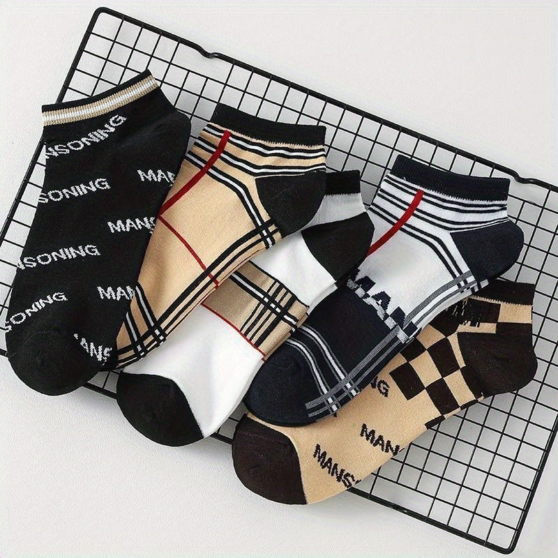 Men's Breathable Quick-Drying Light Luxury Sports Low-Top Socks - Sweat-Absorbing, 3D Tailoring & Deodorizing Design, Geometric Patterns in Black, Beige, Navy Blue, White | Polyester Spandex Blend | Ideal