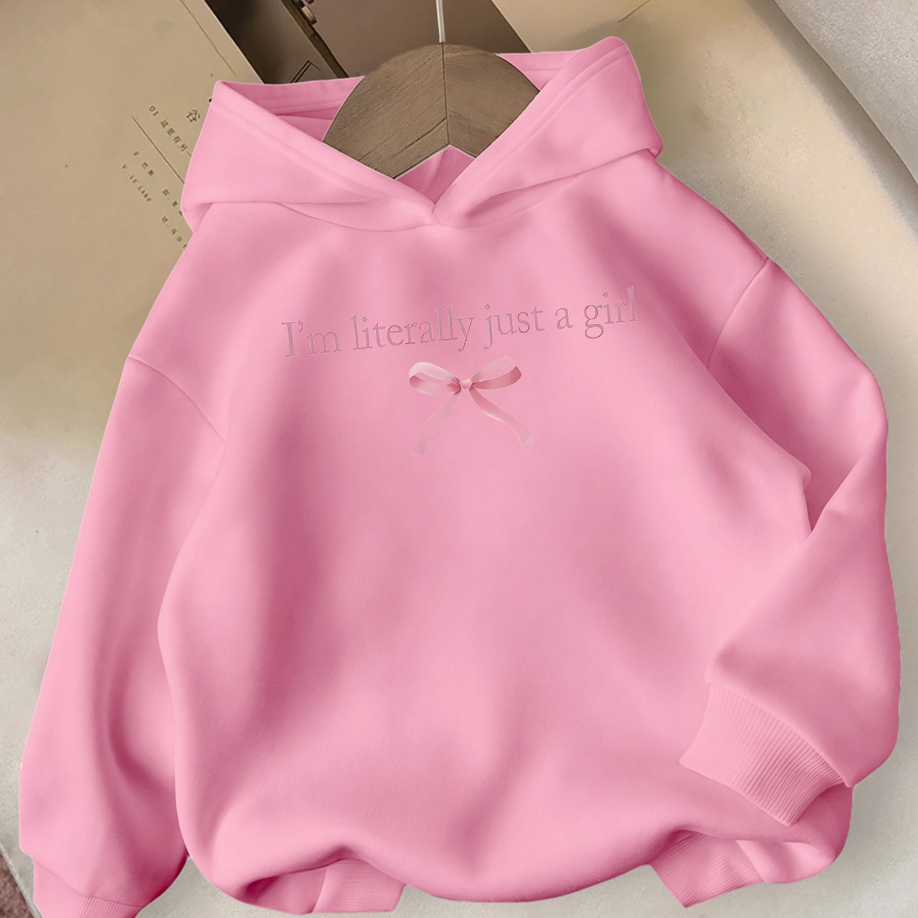 Girls' Autumn/Winter Hooded Sweatshirt with "I'm Literally Just a Girl" Print & Pink Bow