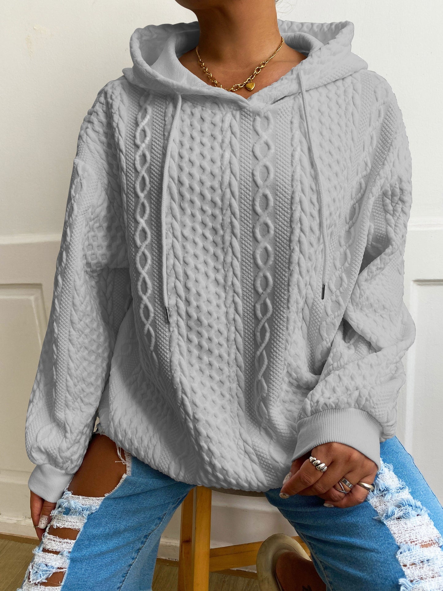 Plus Size Women's Solid Ribbed Long Sleeve Hoodie - Slight Stretch Drawstring Sweatshirt