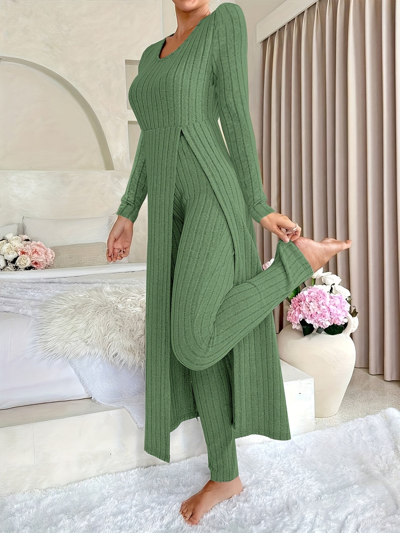 Ribbed Two-Piece Long-Sleeved Top and Pants Set