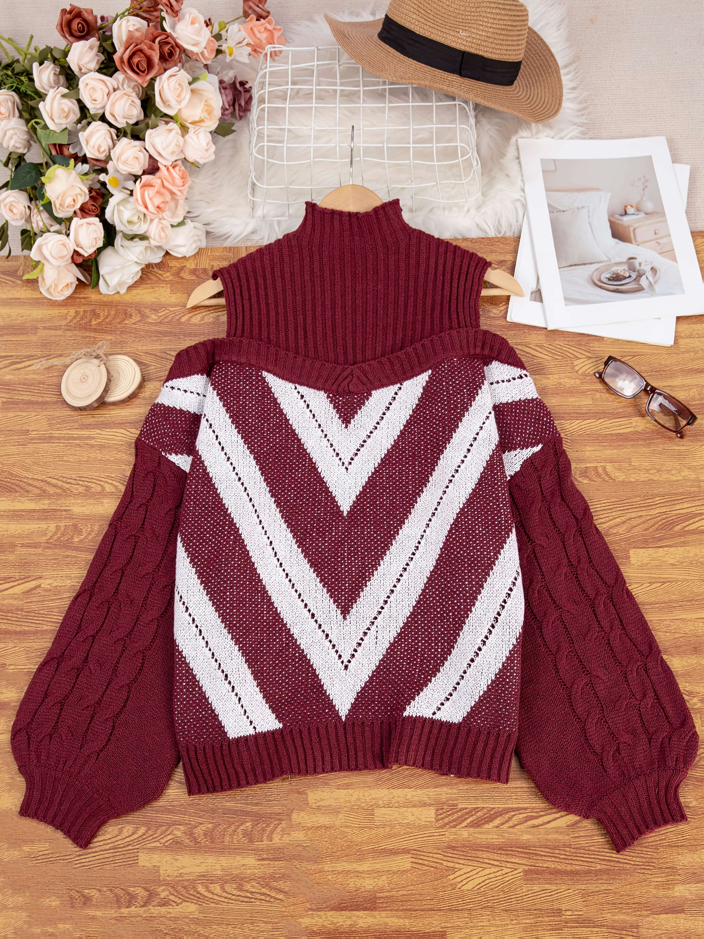Plus Size Off-Shoulder High Neck Cable Sweater