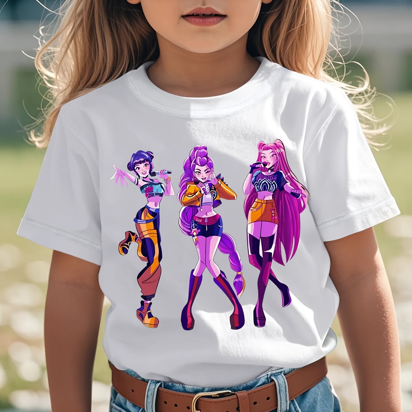 Girls' Kpop Graphic T-Shirt - Black Tee with Purple & Pink Characters