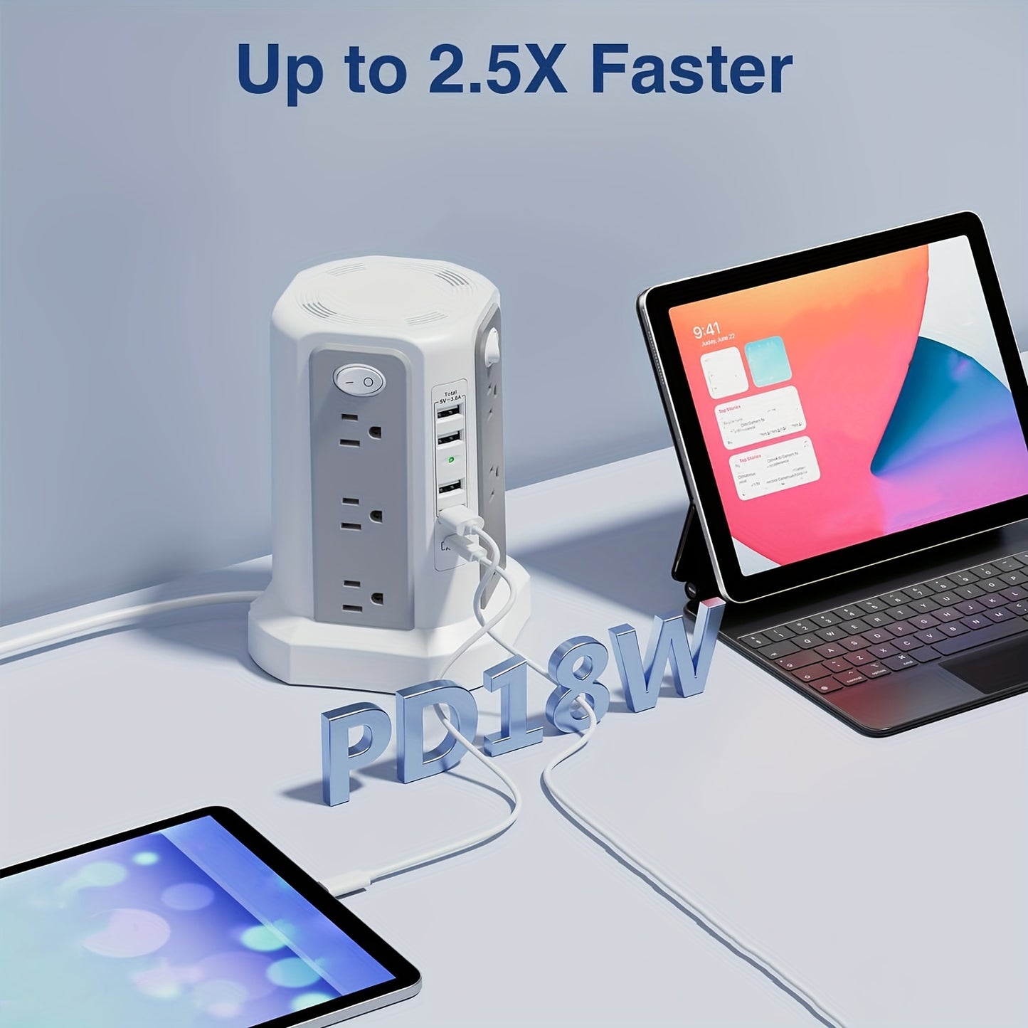 LEVEL 4 Upgraded 16 AC Outlets Power Strip Tower with USB/USB C Port