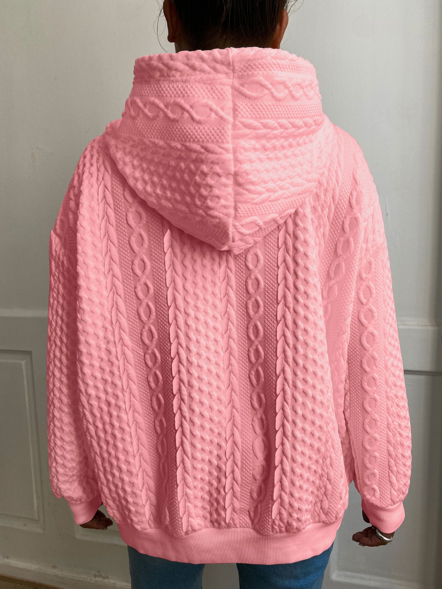 Plus Size Women's Solid Ribbed Long Sleeve Hoodie - Slight Stretch Drawstring Sweatshirt