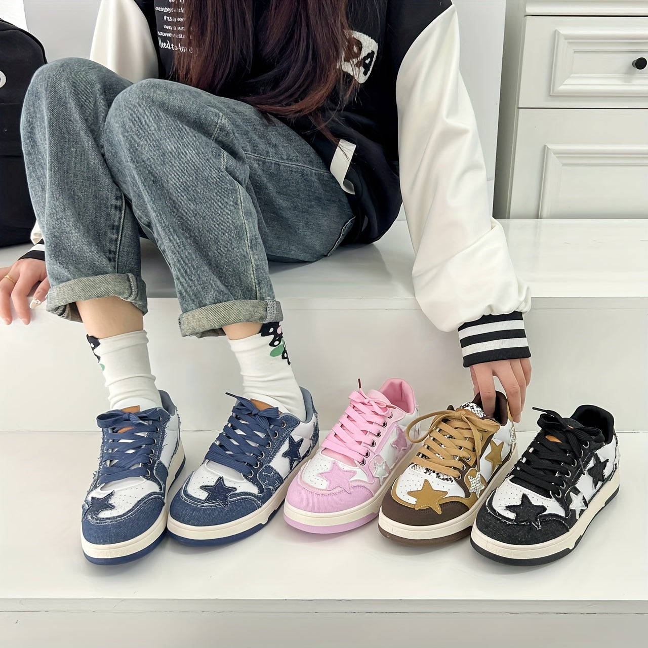 Women's Pink Star-Patterned High-Top Sneakers