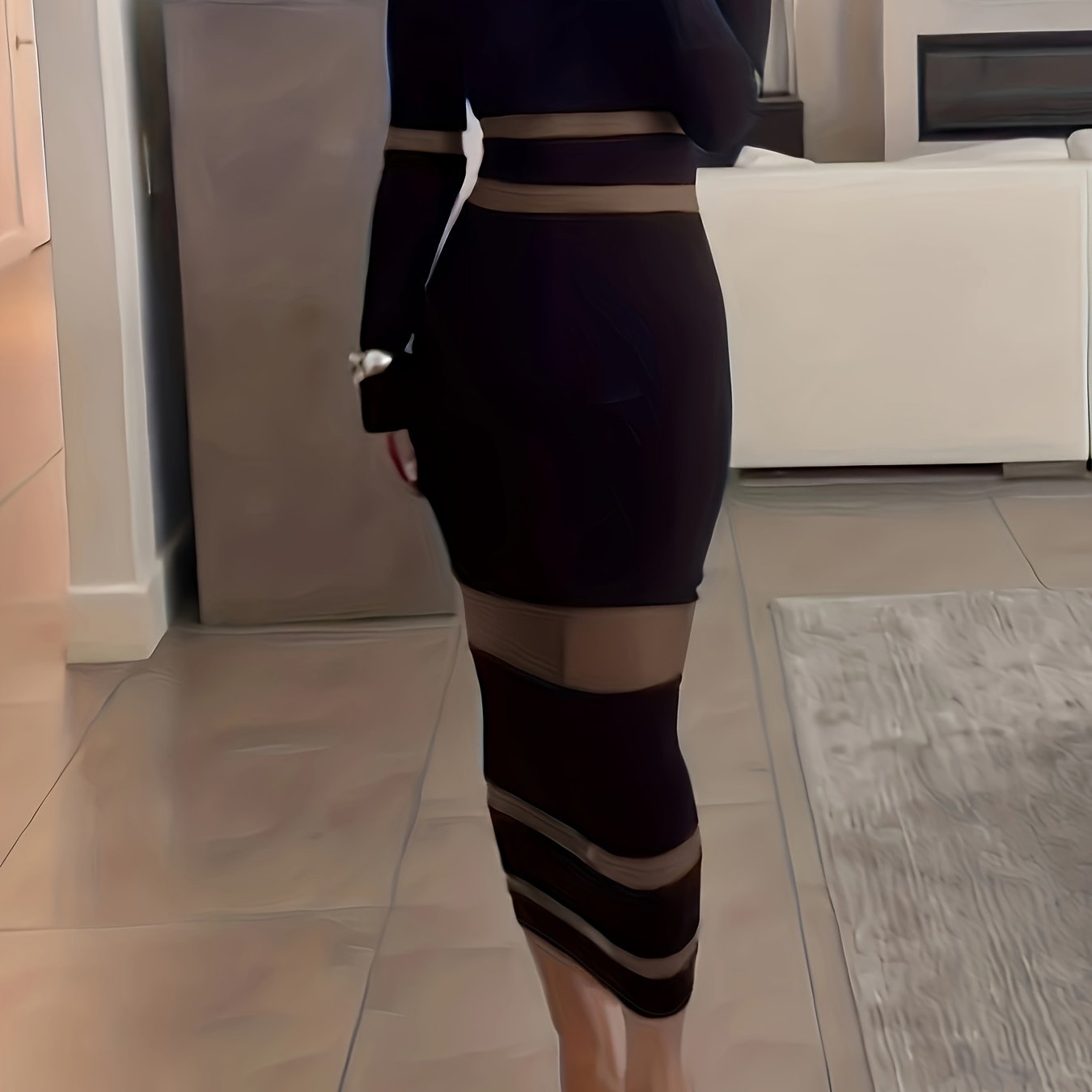 Mesh Panel Long Sleeve Slim Dress