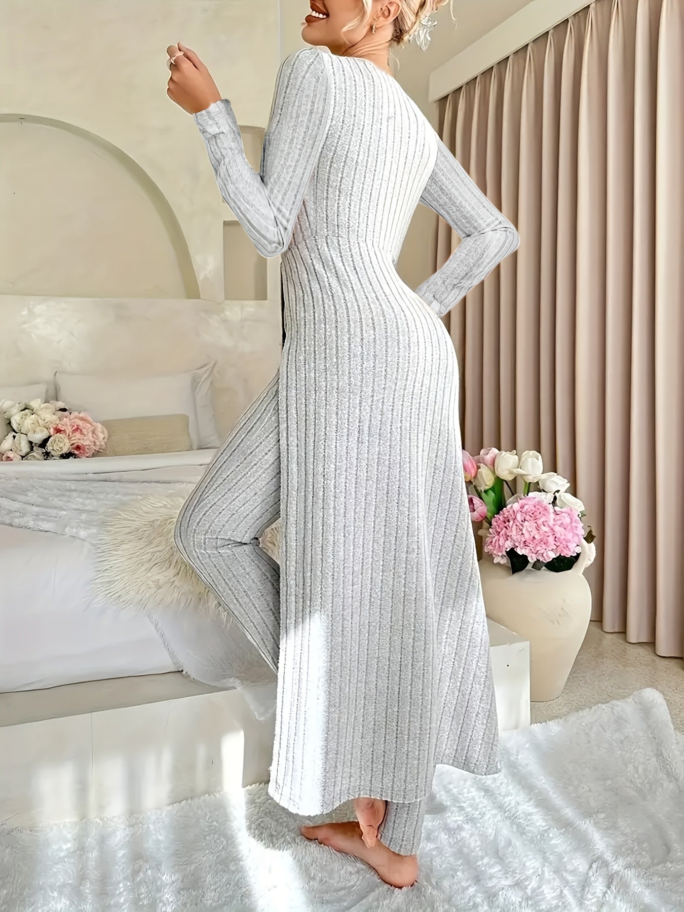 Ribbed Two-Piece Long-Sleeved Top and Pants Set