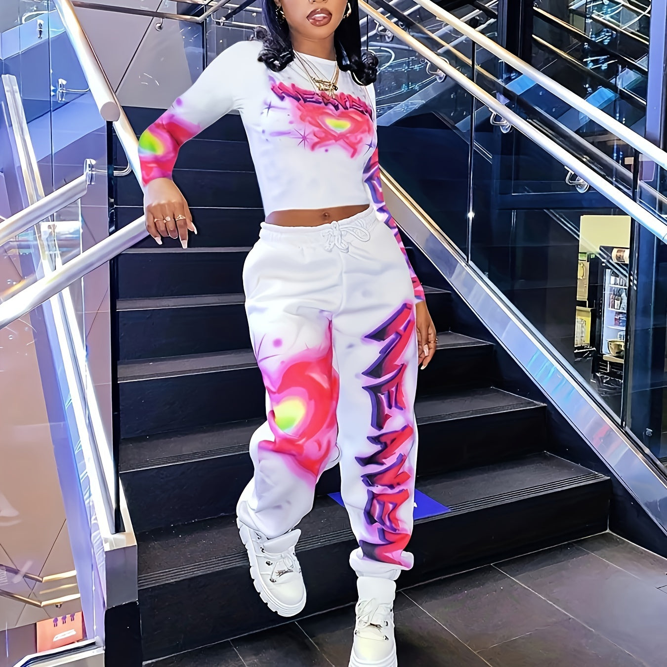 Women's Heart and Letter Print Long Sleeve Top and Waist Pants Set with Pockets