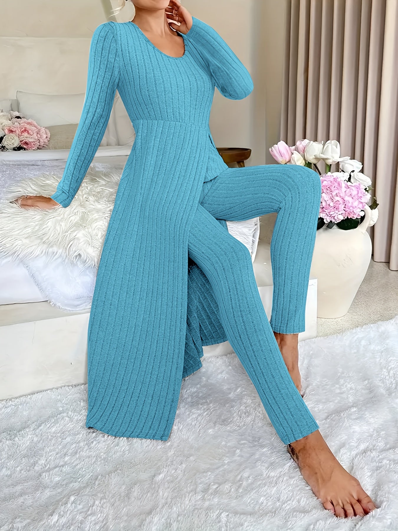 Ribbed Two-Piece Long-Sleeved Top and Pants Set