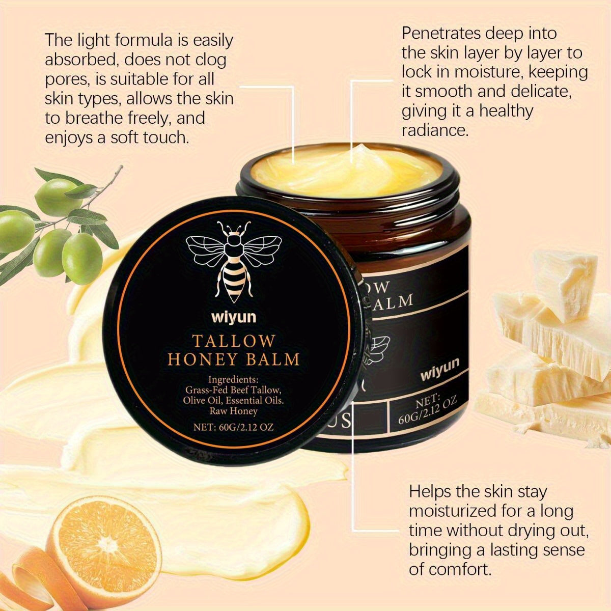 Natural Grass-Fed Beef Tallow with Raw Honey