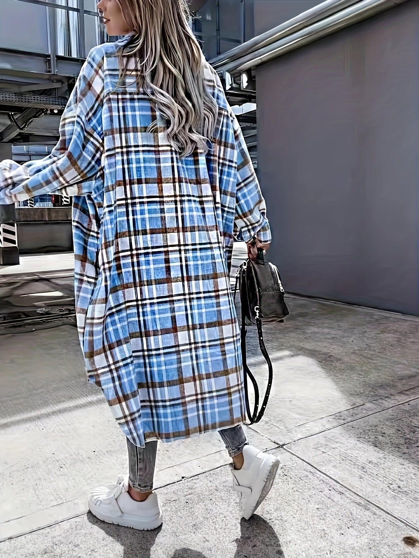 Stylish Plaid Print Womens Long Jacket - Relaxed Casual Button Front with Flap PocketsSl