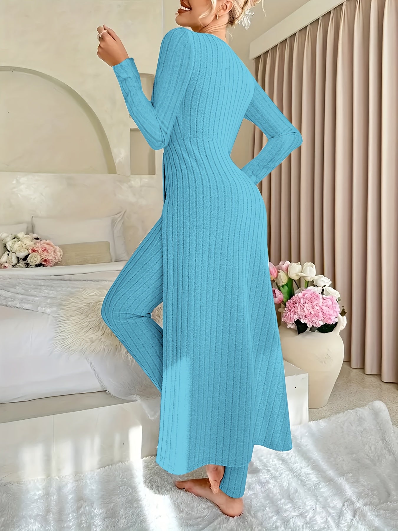 Ribbed Two-Piece Long-Sleeved Top and Pants Set