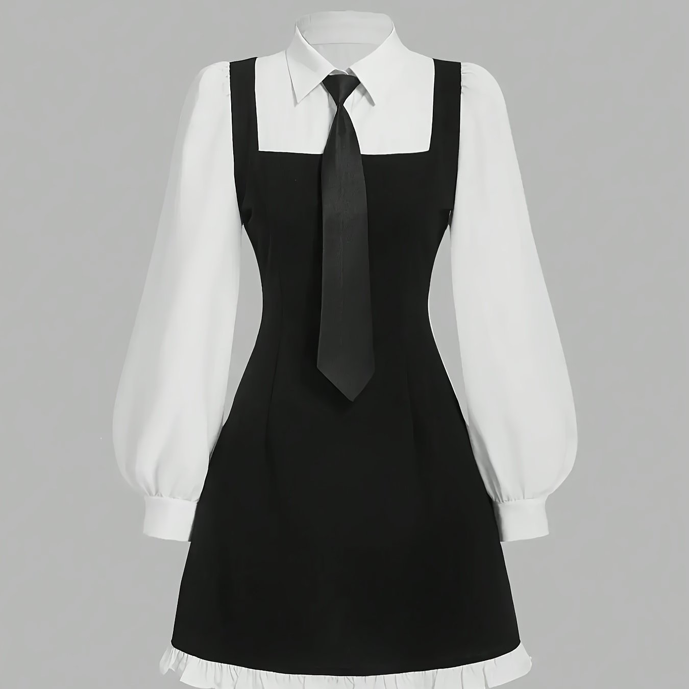 Women's Elegant Long Sleeve A-Line Dress with Contrast Trim & Tie-Waist