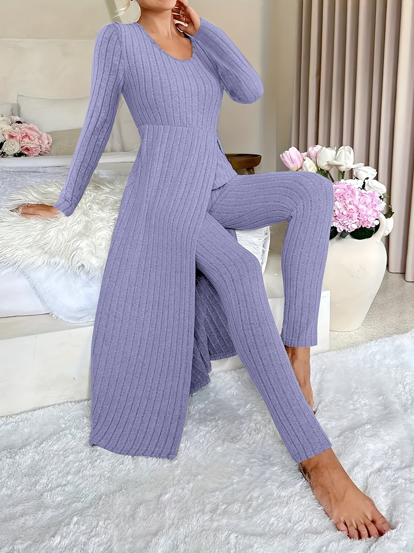 Ribbed Two-Piece Long-Sleeved Top and Pants Set